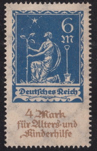 Germany 1922 charity stamp error: Letter M fully filled with color in the upper left side