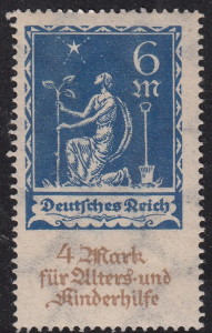 Germany 1922 charity stamp error: Letter M in the upper left side partially filled with color