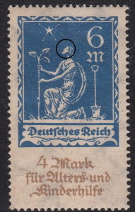 Germany 1922 charity stamp plate error: Allegory's eye missing.
