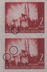 Vertical scratch above letter S in HRVATSKA (HRVATŠKA) - the upper stamp