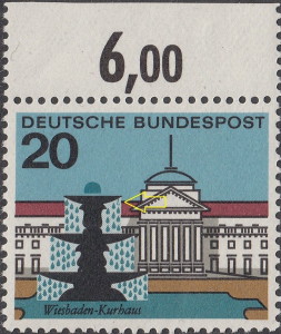 Germany Wiesbaden postage stamp plate flaw: The first drop from the right partly missing BUND 420I
