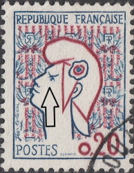 France, Marianne de Cocteau stamp error: Part of the eye missing