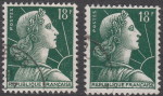 France, Marianne de Mueller stamp: Types of number 1 in denomination. Type I to the left and Type II to the right