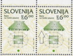 Slovenia, plate error on postage stamp: Green dot on the right side of the cottage