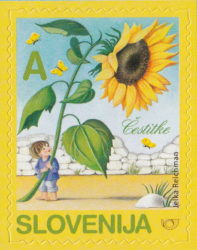 Slovenia, Sunflower stamp Type II (2008): perforation wavy, narrow; colors bright, raster fine