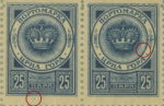 Montenegro, Gaeta postage due stamp, plate error: Blue dot below lower frame (stamp on the left)