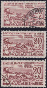 Württemberg postage stamp: Ski Championship 1949, 20pf., Types V, I and III