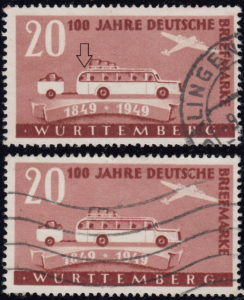 Württemberg postage stamp: Centenary of German postage stamp, 20pf., Types I and II