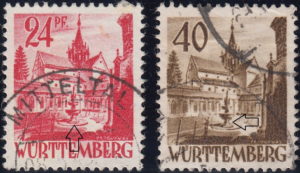 Württemberg postage stamp: Kloster Bebenhausen, Types III and VIII
