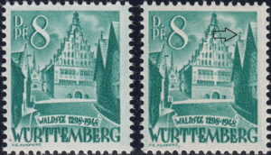 Württemberg postage stamp: Waldsee Rathaus, Types I and II