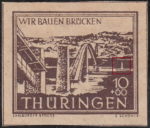 Germany Thueringen post stamp flaw: Deep vertical incision on the water above zero in denomination value (fountain flaw).