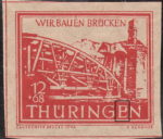 Germany Thueringen post stamp flaw: White spot between upper horizontal strokes of letter E in THUERINGEN.
