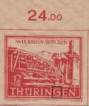 Germany Thueringen post stamp flaw: White spot below letter G in THUERINGEN.