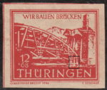 Germany Thueringen post stamp flaw: Vertical white line above letters G and E in THUERINGEN (the waterfall flaw).