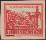 Germany Thueringen post stamp flaw: Vertical scratch between letters T and H in THUERINGEN.