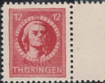 Germany Thueringen post stamp flaw: Colored dot above Schiller’s right eyebrow