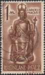 Germany Rheinland-Pfalz postage stamp error:  Small white dot between letters P and F in PFALZ.