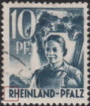 Germany Rheinland-Pfalz postage stamp error:  Vertical stroke of letter R in RHEINLAND damaged at the bottom.