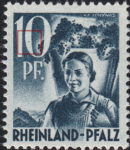 Germany Rheinland-Pfalz postage stamp error:  Colored dot on the left side of zero in denomination value.
