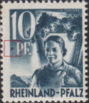 Germany Rheinland-Pfalz postage stamp error:  Big colored smudge between the left frame and letter P of PF.