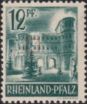 Germany Rheinland-Pfalz postage stamp error:  Colored spot on the first window of the first row, just above the top of the fir tree.