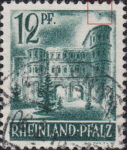 Germany Rheinland-Pfalz postage stamp error:  Colored dot above the right tower.