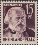 Germany Rheinland-Pfalz postage stamp error:  Colored spot in hair.