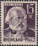 Germany Rheinland-Pfalz postage stamp error:  Big colored smudge in hair next to the right cheek.