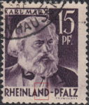 Germany Rheinland-Pfalz postage stamp error:  Big colored spot in the second letter N of RHEINLAND.
