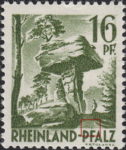 Germany Rheinland-Pfalz postage stamp error:  Colored dot above letter F in PFALZ.