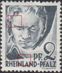 Germany Rheinland-Pfalz postage stamp error:  Dot on forehead above the left eyebrow, thin scratch above letter L in RHEINLAND.