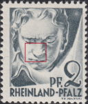 Germany Rheinland-Pfalz postage stamp error:  Thin line over the left side of the nose.