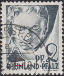 Germany Rheinland-Pfalz postage stamp error:  Colored dot above letters I and N in RHEINLAND.