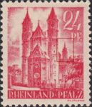 Germany Rheinland-Pfalz postage stamp error:  Thin line on top of the small tower to the right.