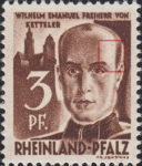 Germany Rheinland-Pfalz postage stamp error:  Colored dots on right temple.