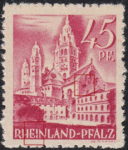Germany Rheinland-Pfalz postage stamp error:  Letter I in RHEINLAND broken, colored spot on the chapel.