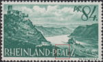 Germany Rheinland-Pfalz postage stamp error:  Colored dot in letter A in PFALZ.