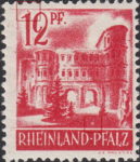 Germany Rheinland-Pfalz postage stamp error:  Colored dot above numeral 1 in denomination value.