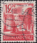 Germany Rheinland-Pfalz postage stamp error:  Box bearing country name shifted to the left, thin line over letters N, L and A of RHEINLAND.