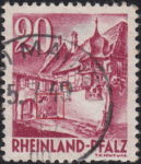 Germany Rheinland-Pfalz postage stamp error:  Colored spot on the wall, right from the tree.