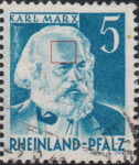 Germany Rheinland-Pfalz postage stamp error:  Colored dot on forehead above left eyebrow.