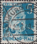 Germany Rheinland-Pfalz postage stamp error:  Indentation in upper frame above letter L in KARL.