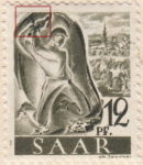 Germany SAAR postage stamp error: Colored spot connecting mine’s ceiling with miner’s right hand.