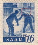 Germany SAAR postage stamp error: Spike in the back of the worker to the right.