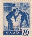 Germany SAAR postage stamp error: A tool on the floor between workers.