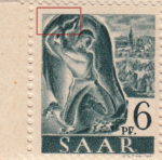 Germany SAAR postage stamp error: Colored spot connecting mine’s ceiling with miner’s right hand.
