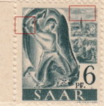 Germany SAAR postage stamp error: Colored cloud around church tower, colored spot connecting miner’s elbow with right wall.