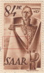 Germany SAAR postage stamp error: Bent curve on coat, close to the left frame.