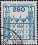 Germany postage stamp error White line separating rectangular-shaped ornament on central building, second line from the bottom, next to the right frame, broken