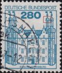 Germany postage stamp error Vertical line splitting the base of the roof of the third tower